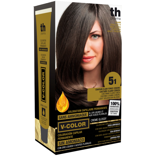 Tinte para el cabello V- Color no. 5.1 (casteňo claro ceniza) - kit de casa+champú y mascarilla ... TH Pharma
