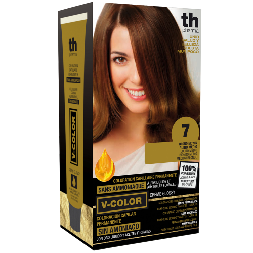 Tinte para el cabello V- Color no.7 (rubio medio) - kit de casa+champú y mascarilla gratis TH Pharma